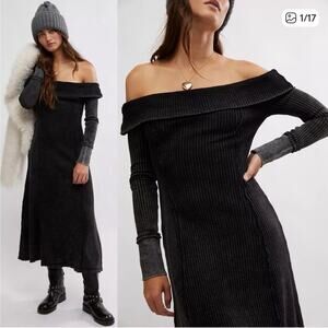 NWT $148 Free People M Monty Off the Shoulder Long Sleeve Cotton Midi Dress